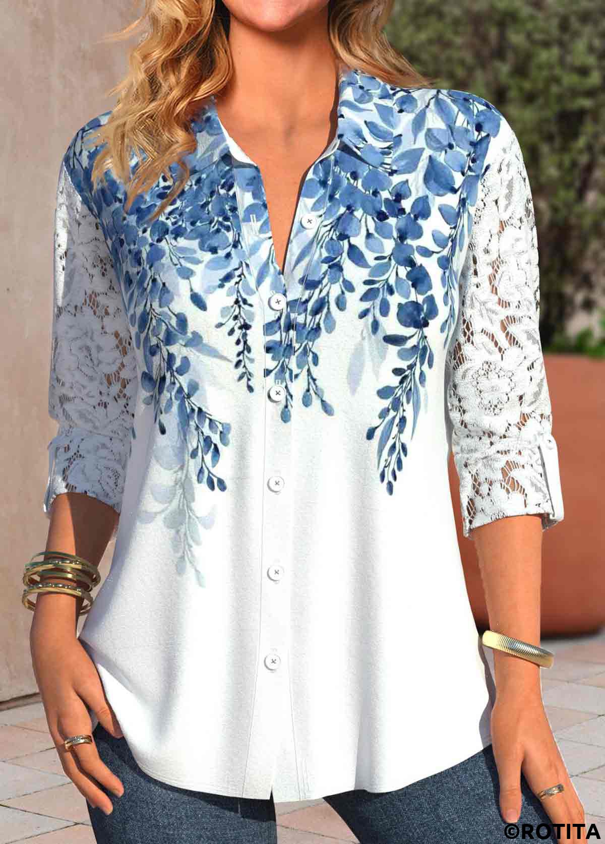 White tops,Blue tops,Plants tops,Ombre tops,ROTITA Lace Leaf Print White Shirt Collar Long Sleeve Blouse