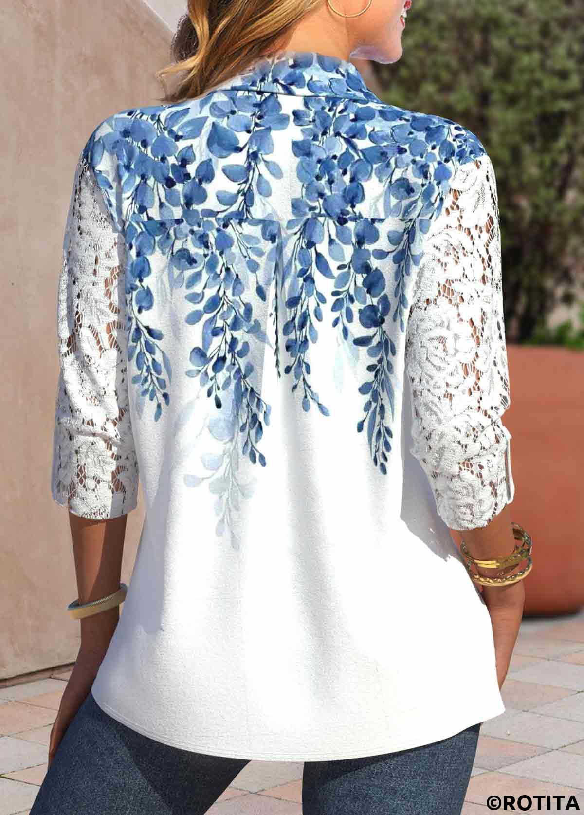 White tops,Blue tops,Plants tops,Ombre tops,ROTITA Lace Leaf Print White Shirt Collar Long Sleeve Blouse