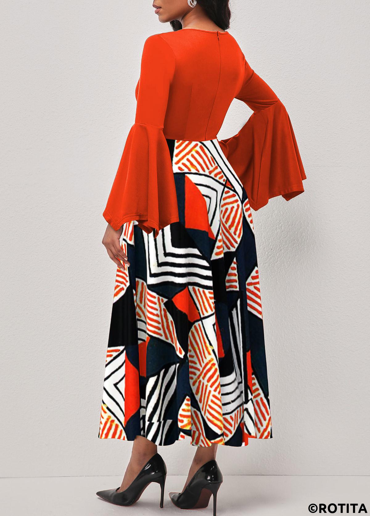 Orange dresses,Geometric dresses,Party dresses,Elegant dresses,ROTITA Hanky Sleeve Geometric Print Orange Round Neck Dress