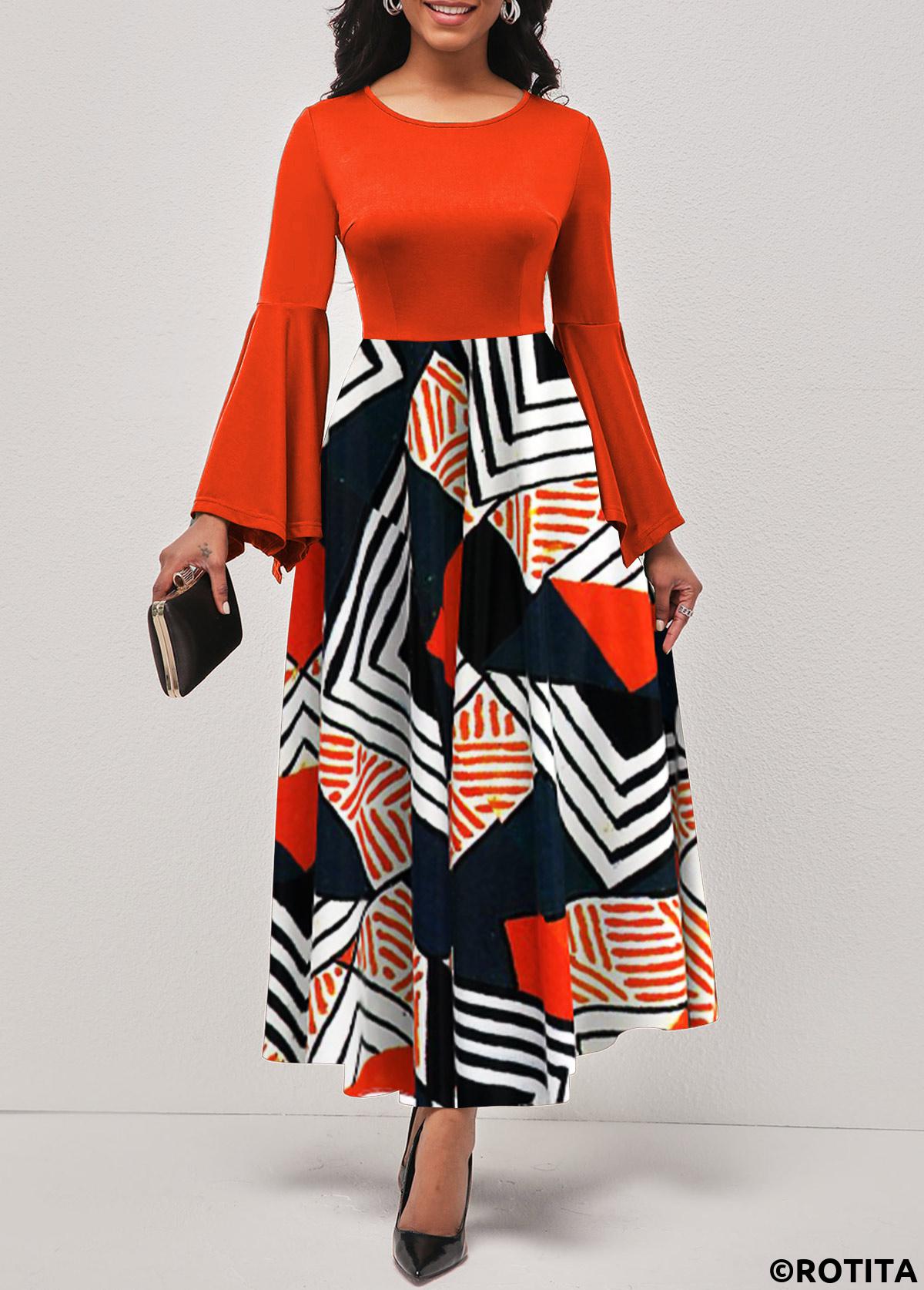 Orange dresses,Geometric dresses,Party dresses,Elegant dresses,ROTITA Hanky Sleeve Geometric Print Orange Round Neck Dress