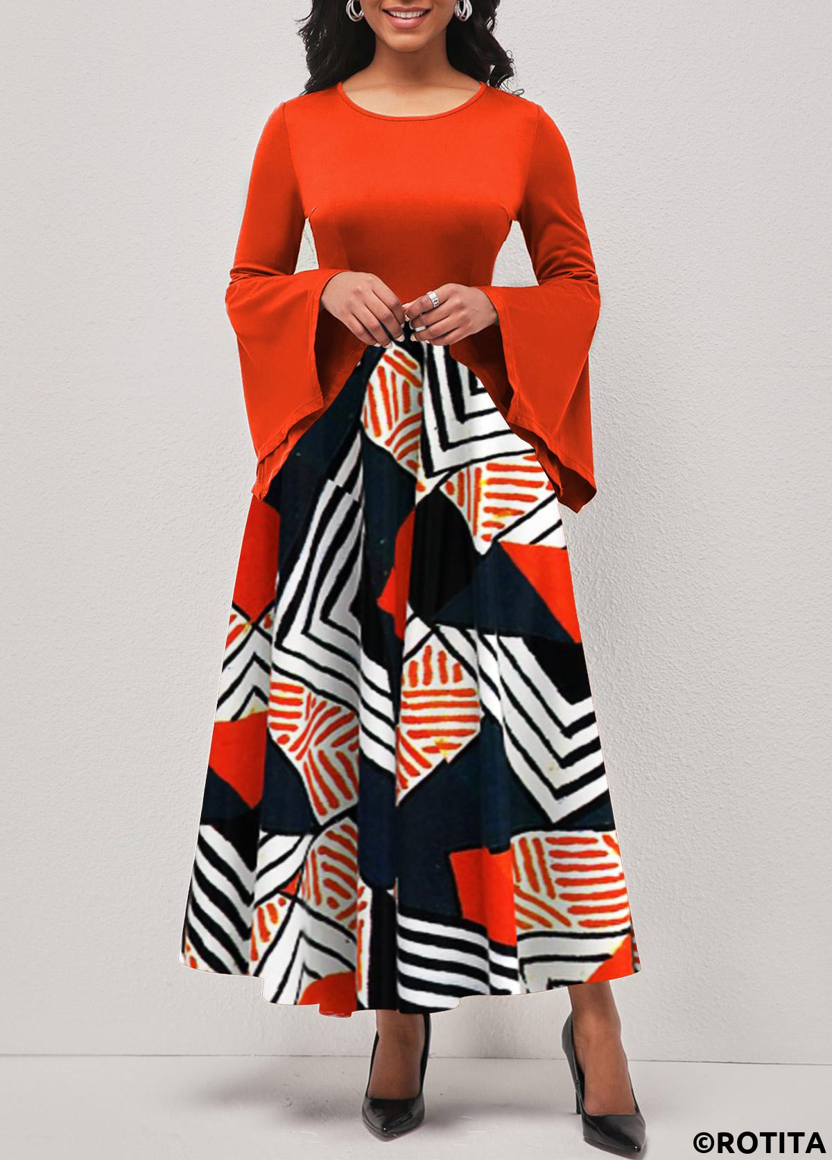 Orange dresses,Geometric dresses,Party dresses,Elegant dresses,ROTITA Hanky Sleeve Geometric Print Orange Round Neck Dress