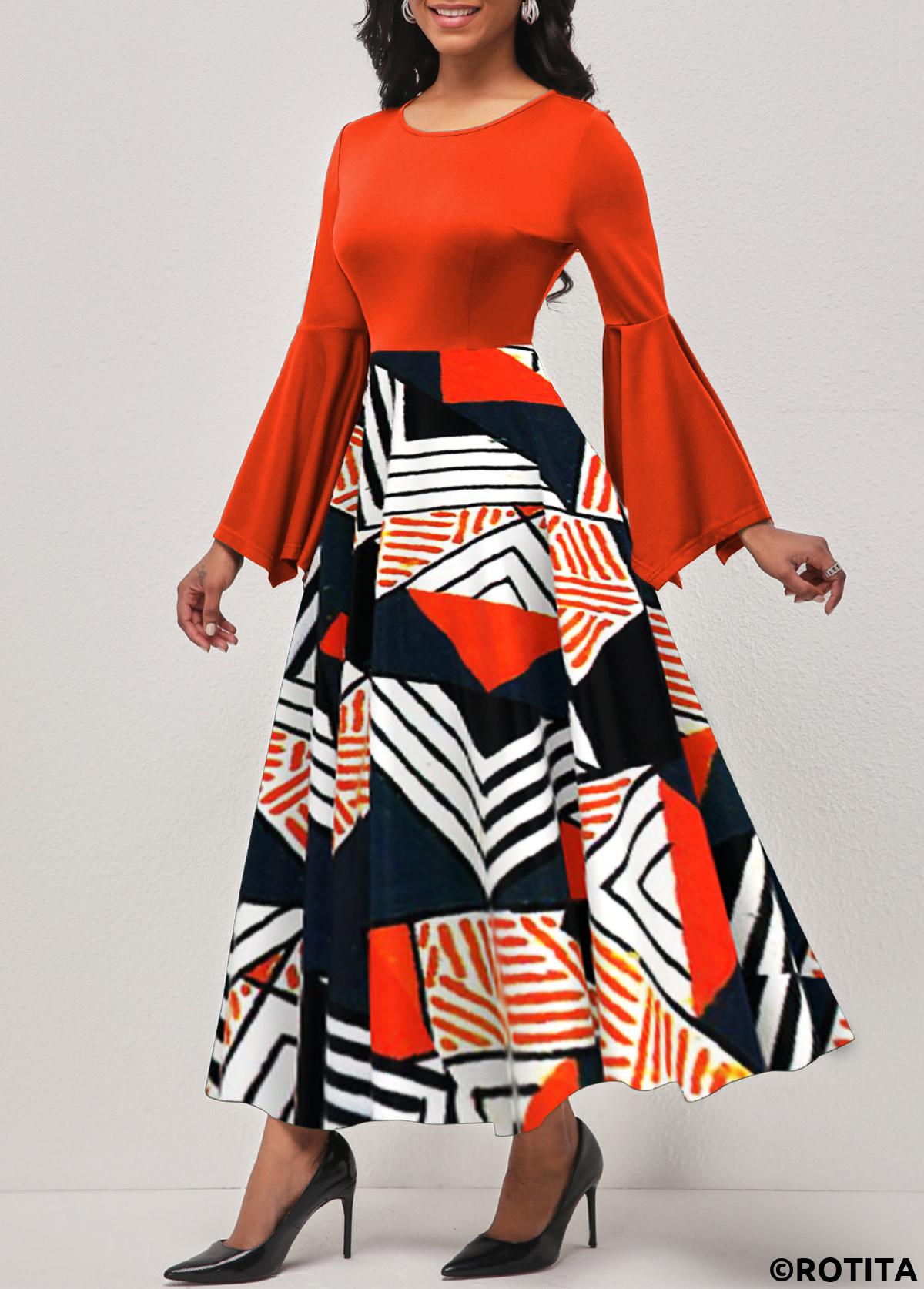 Orange dresses,Geometric dresses,Party dresses,Elegant dresses,ROTITA Hanky Sleeve Geometric Print Orange Round Neck Dress