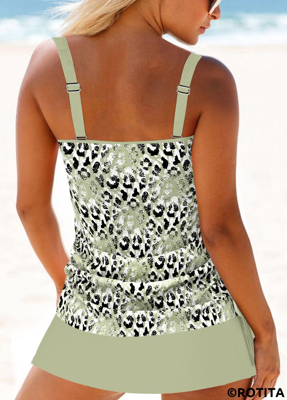 Sage Green swimwear,Leopard swimwear,ROTITA Ruched Sage Green Leopard Mid Waisted Tankini Set
