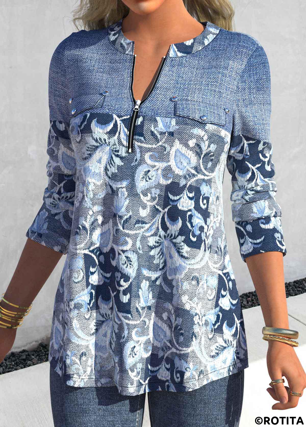 Denim Blue tops,Floral tops,Plants tops,ROTITA Patchwork Floral Print Denim Blue Split Neck Blouse
