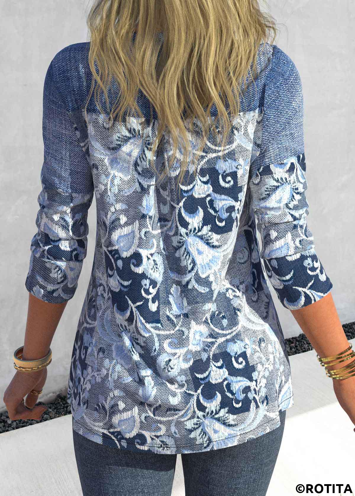 Denim Blue tops,Floral tops,Plants tops,ROTITA Patchwork Floral Print Denim Blue Split Neck Blouse