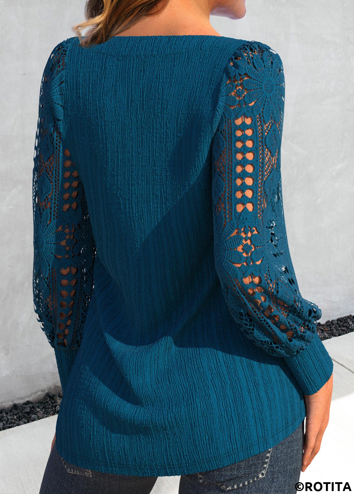 Peacock Blue tops,Plain Color tops,ROTITA Lace Peacock Blue Square Neck Long Sleeve Blouse