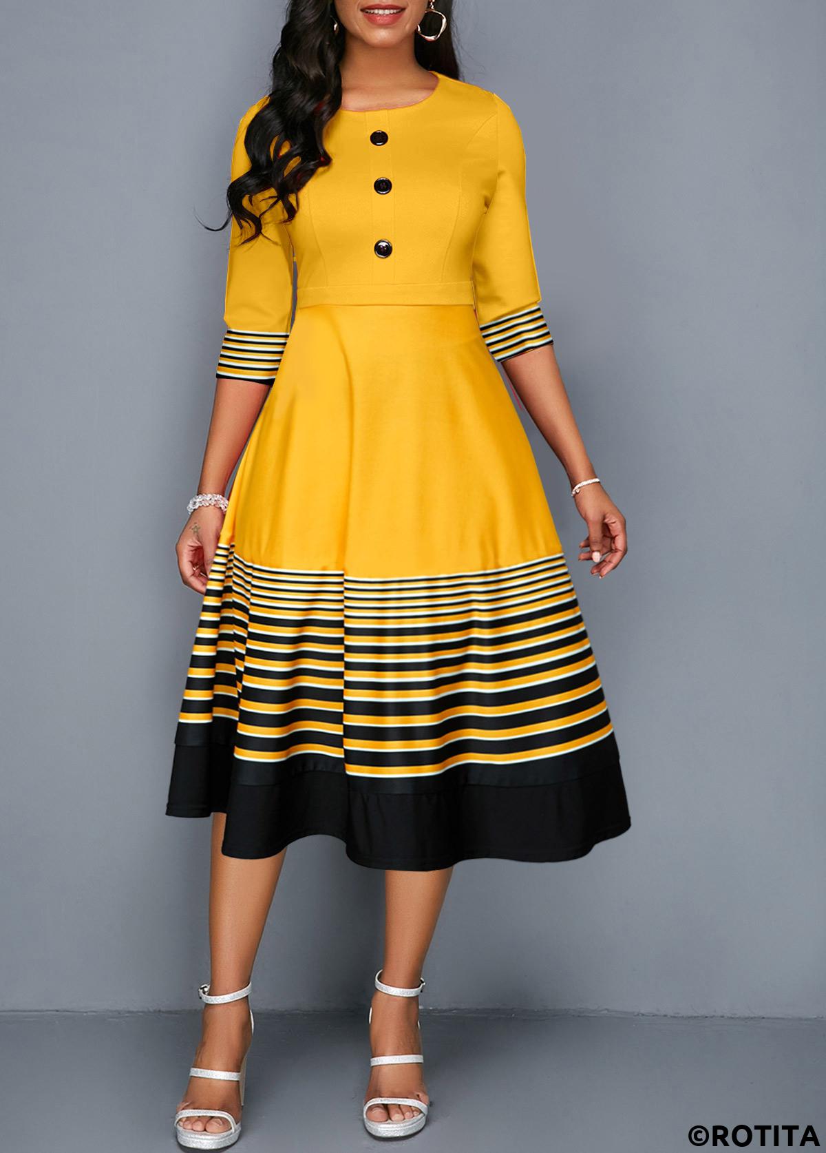 Gold dresses,Black dresses,Striped dresses,Geometric dresses,Party dresses,Elegant dresses,ROTITA Patchwork Striped Yellow Round Neck Half Sleeve Dress