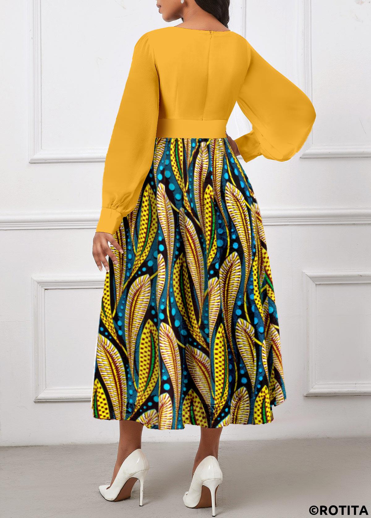 Yellow dresses,Tribal dresses,Party dresses,Elegant dresses,ROTITA Umbrella Hem Tribal Print Yellow Round Neck Dress