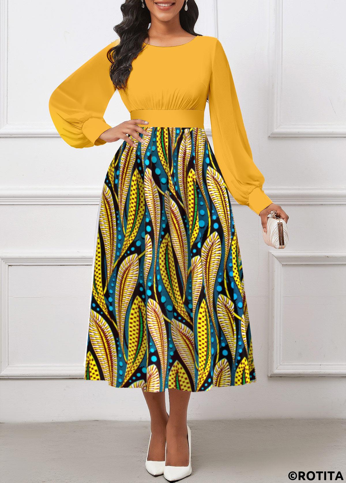 Yellow dresses,Tribal dresses,Party dresses,Elegant dresses,ROTITA Umbrella Hem Tribal Print Yellow Round Neck Dress