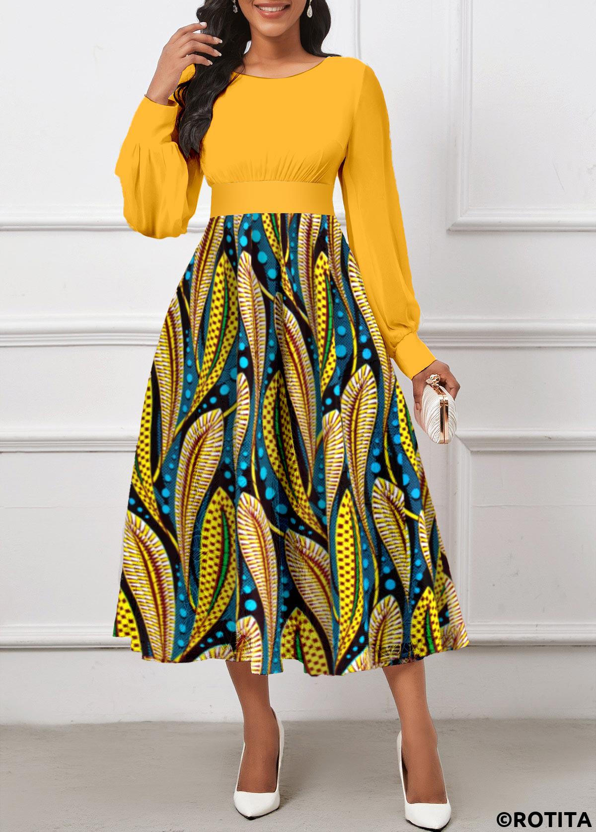 Yellow dresses,Tribal dresses,Party dresses,Elegant dresses,ROTITA Umbrella Hem Tribal Print Yellow Round Neck Dress