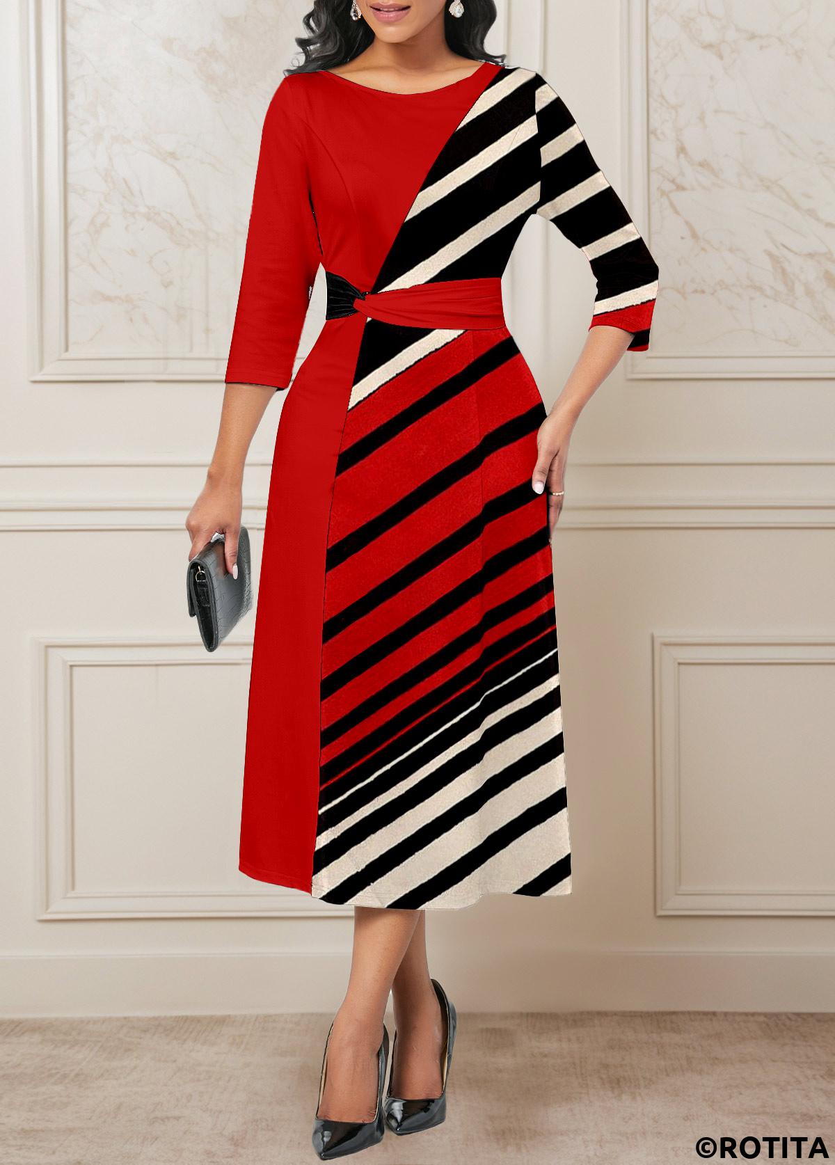 Black dresses,Red dresses,Striped dresses,Geometric dresses,Party dresses,Elegant dresses,ROTITA Patchwork Striped Black Boat Neck Dress