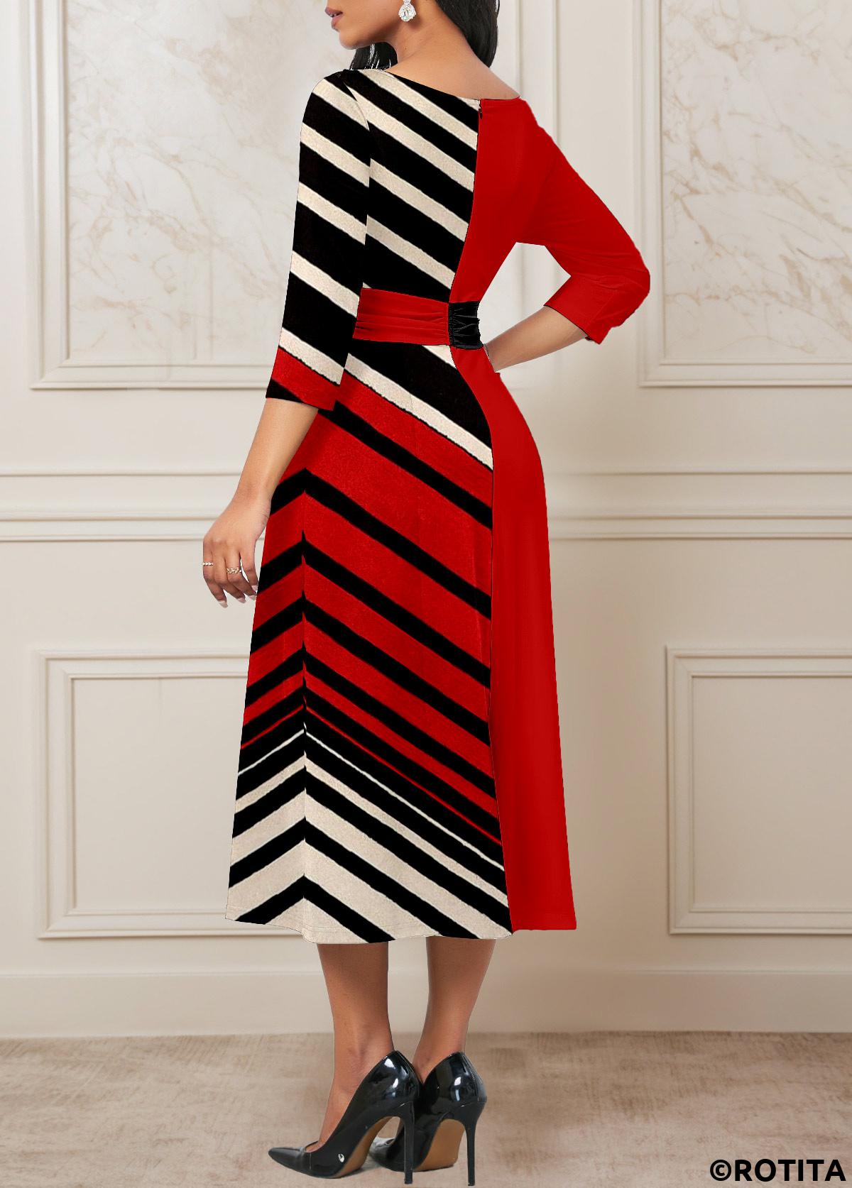 Black dresses,Red dresses,Striped dresses,Geometric dresses,Party dresses,Elegant dresses,ROTITA Patchwork Striped Black Boat Neck Dress