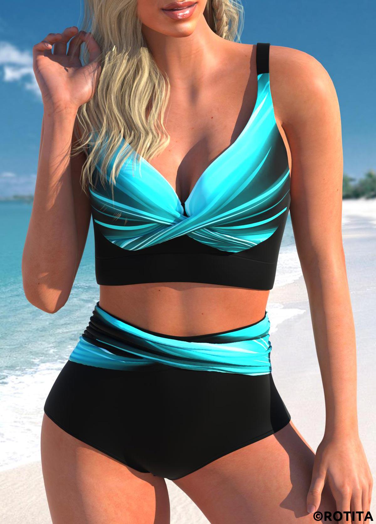 Cyan swimwear,Black swimwear,Ombre swimwear,ROTITA Criss Cross Cyan Ombre High Waisted Bikini Set