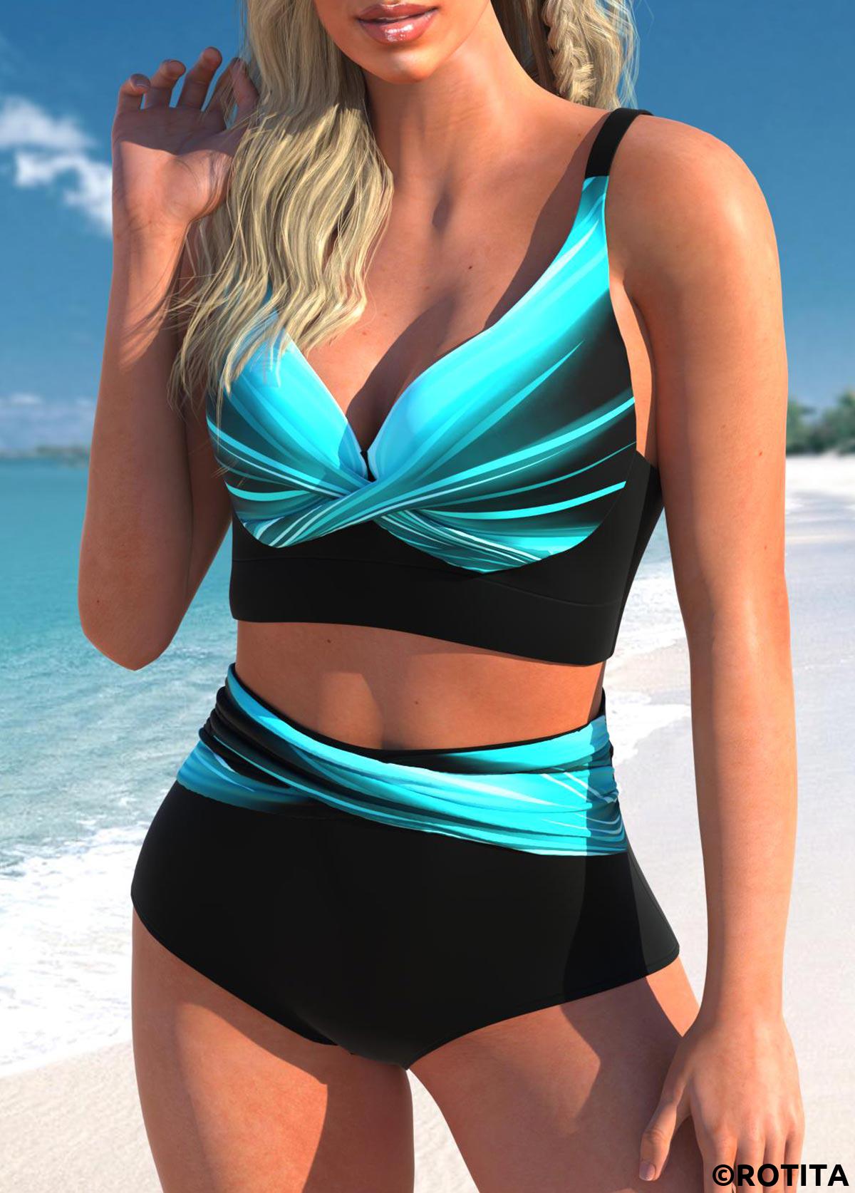 Cyan swimwear,Black swimwear,Ombre swimwear,ROTITA Criss Cross Cyan Ombre High Waisted Bikini Set