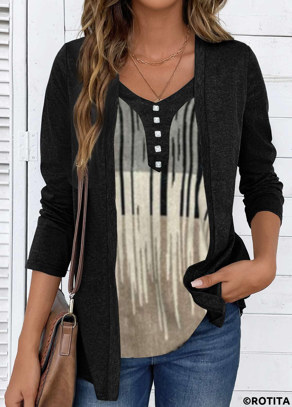 Black tops,Other tops,Striped tops,ROTITA Black V Neck Long Sleeve Fake Two Piece Twinset