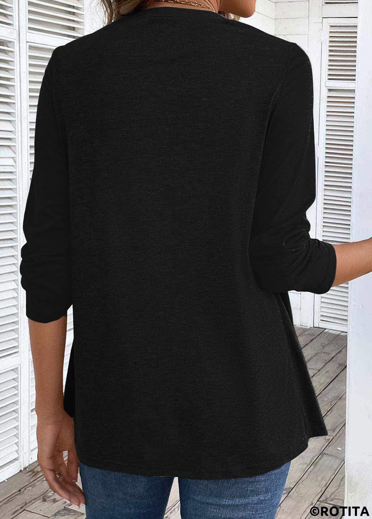 Black tops,Other tops,Striped tops,ROTITA Black V Neck Long Sleeve Fake Two Piece Twinset
