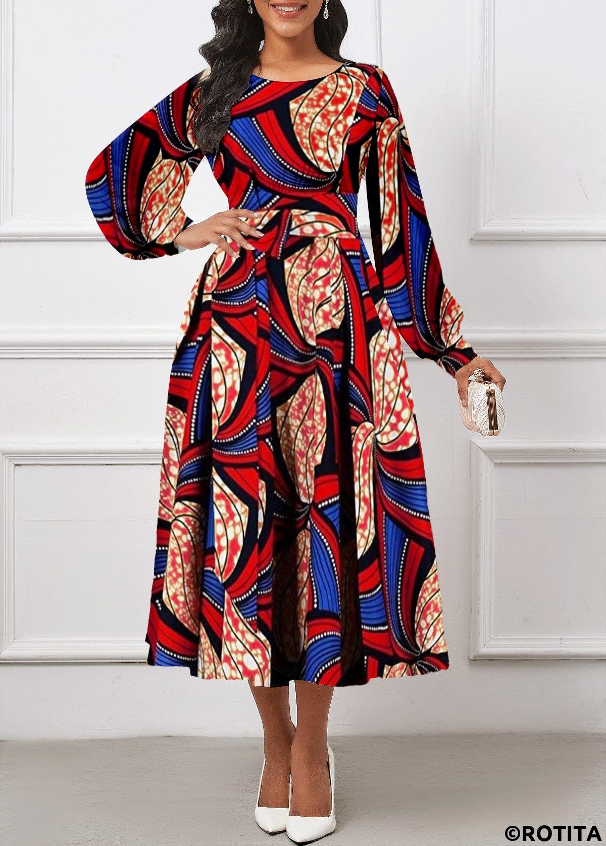 Red dresses,Royal Blue dresses,Tribal dresses,Geometric dresses,Striped dresses,Dot dresses,Party dresses,Elegant dresses,ROTITA Umbrella Hem Tribal Print Red Belted Round Neck Dress