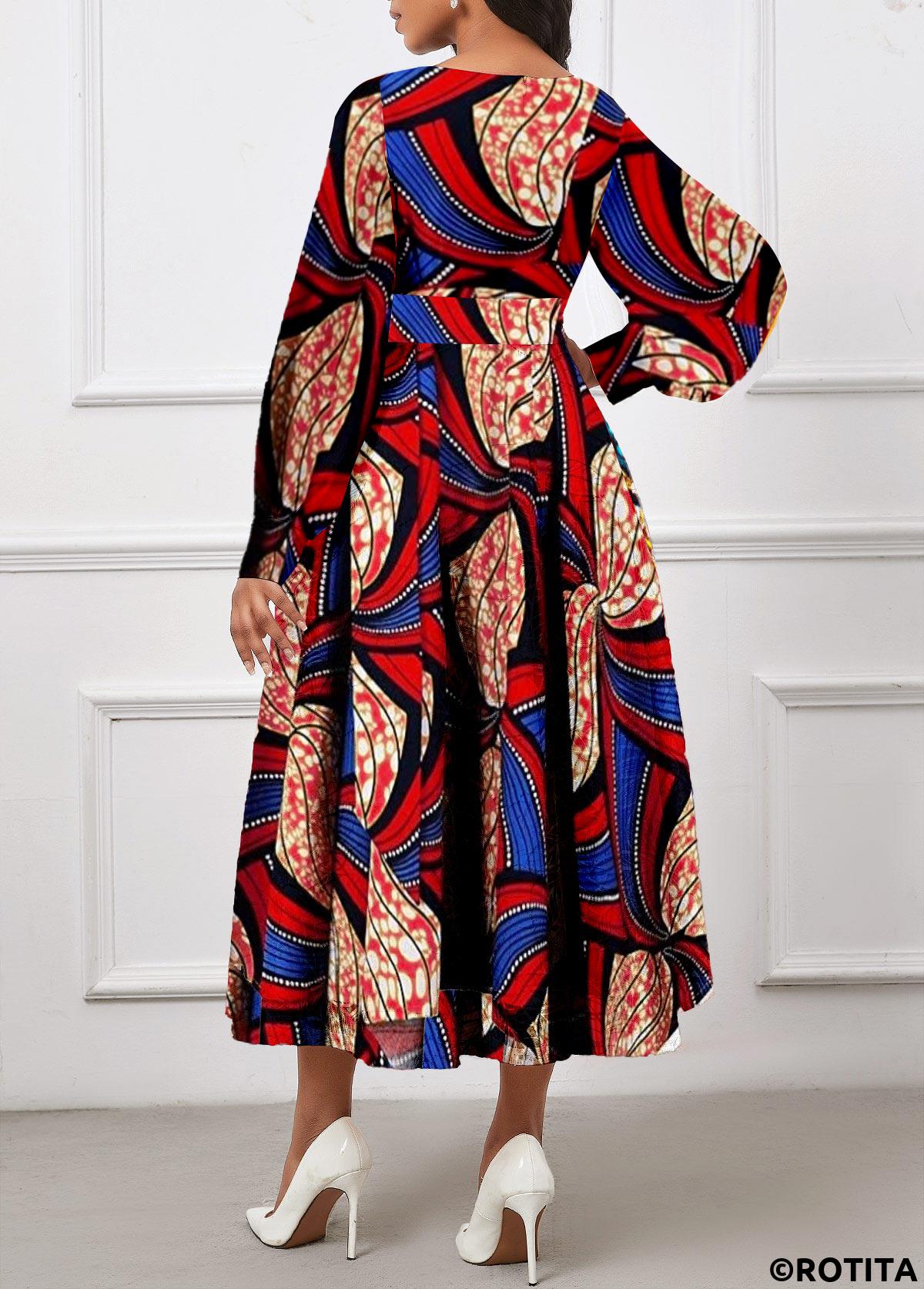 Red dresses,Royal Blue dresses,Tribal dresses,Geometric dresses,Striped dresses,Dot dresses,Party dresses,Elegant dresses,ROTITA Umbrella Hem Tribal Print Red Belted Round Neck Dress