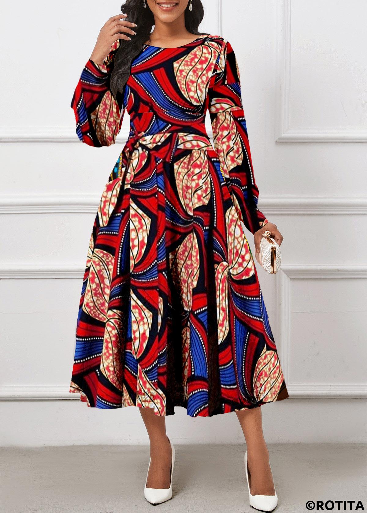 Red dresses,Royal Blue dresses,Tribal dresses,Geometric dresses,Striped dresses,Dot dresses,Party dresses,Elegant dresses,ROTITA Umbrella Hem Tribal Print Red Belted Round Neck Dress
