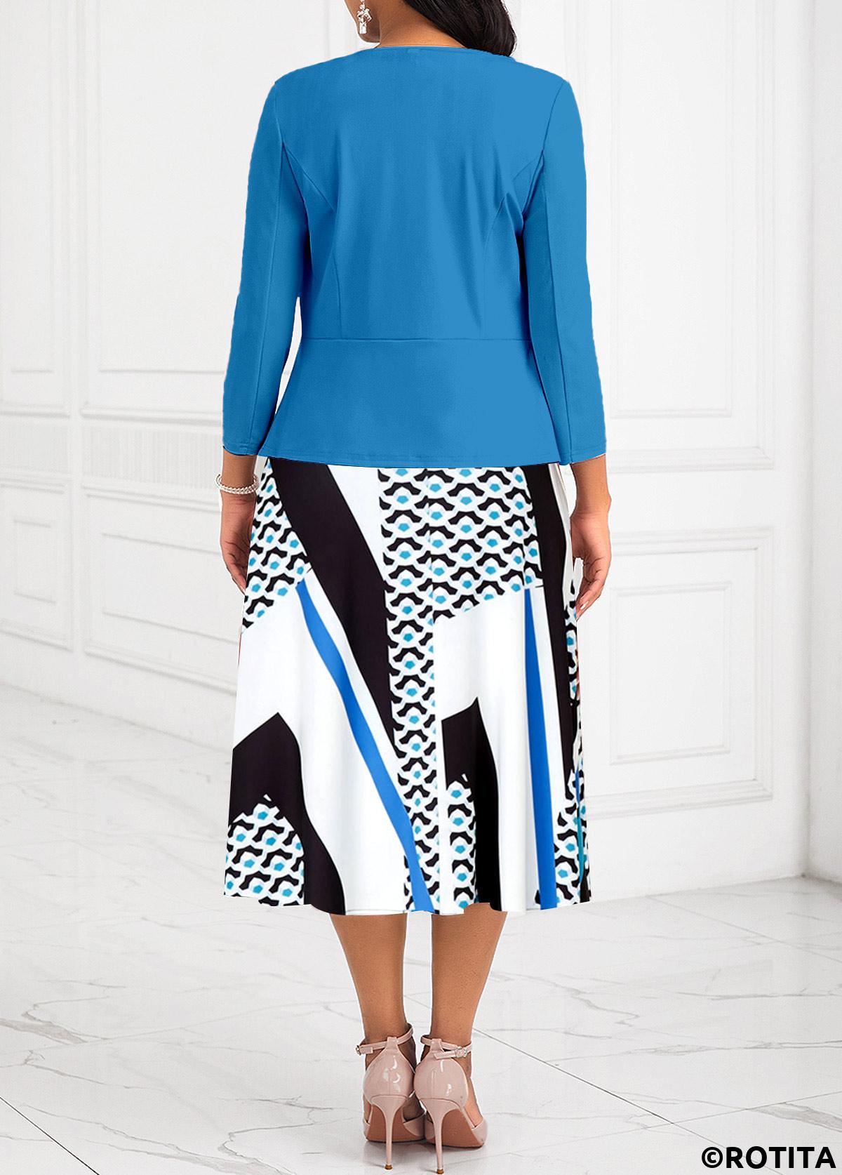Blue dresses,White dresses,Geometric dresses,Striped dresses,Wear to Work dresses,Work dresses,ROTITA Two Piece Geometric Print Blue V Neck Dress