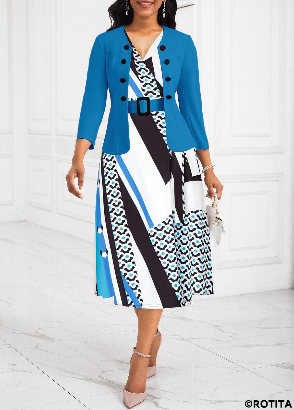 Blue dresses,White dresses,Geometric dresses,Striped dresses,Wear to Work dresses,Work dresses,ROTITA Two Piece Geometric Print Blue V Neck Dress