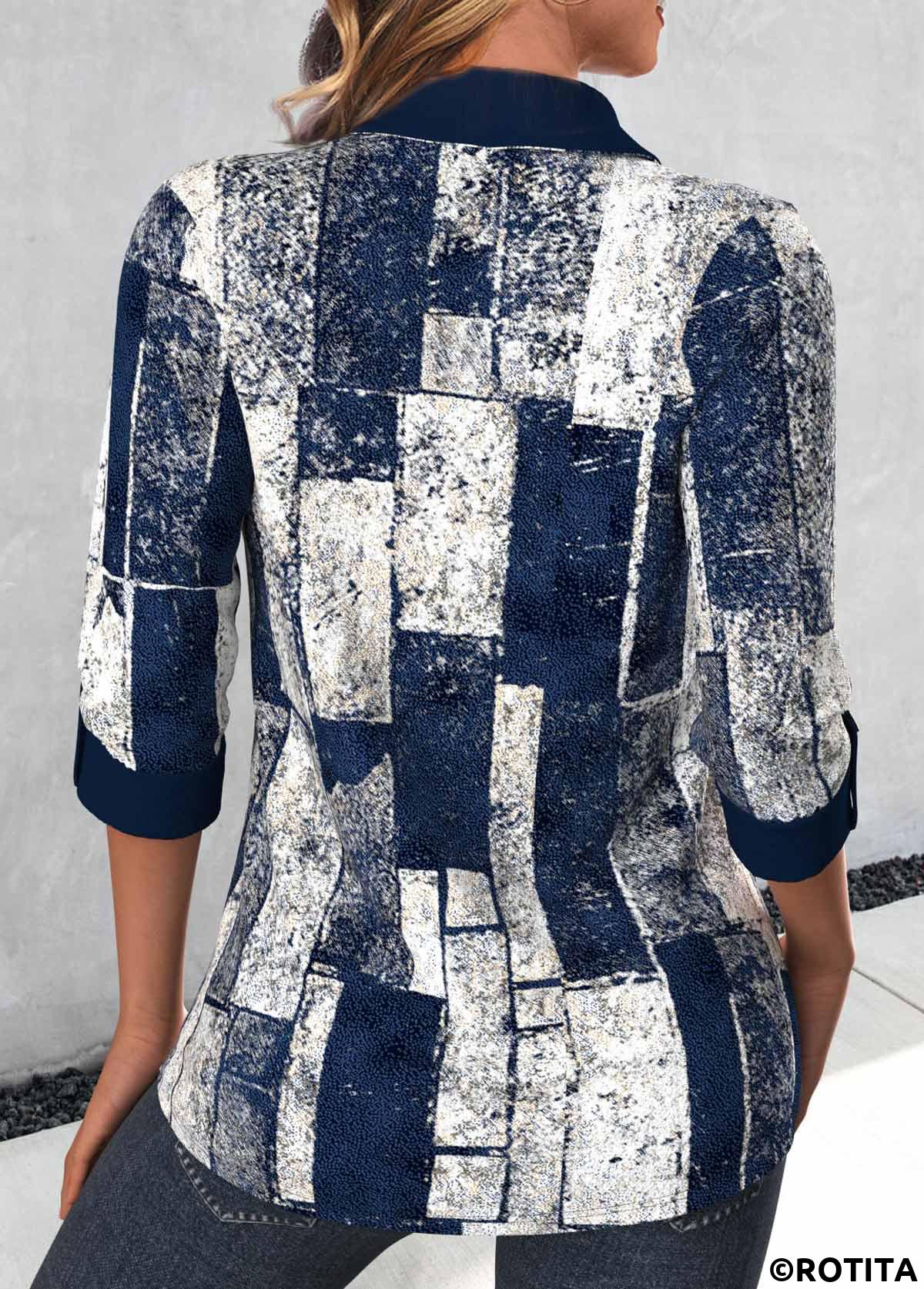 Rotita – Marineblaue Bluse mit 3/4-Ärmeln und Schnürung im geometrischen Muster