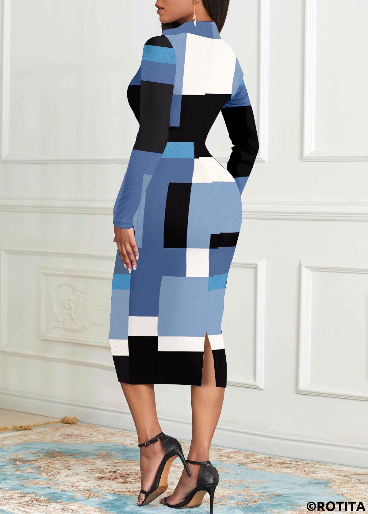 Light Blue dresses,Geometric dresses,Striped dresses,Plaid dresses,Party dresses,Elegant dresses,ROTITA Zipper Geometric Print Light Blue Shirt Collar Dress
