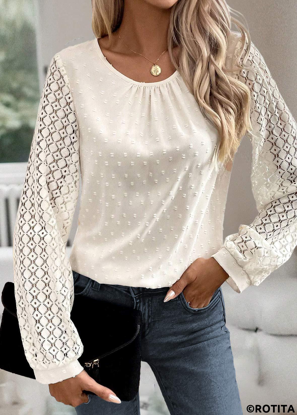 Beige tops,Plain Color tops,ROTITA Button Beige Round Neck Long Sleeve Blouse