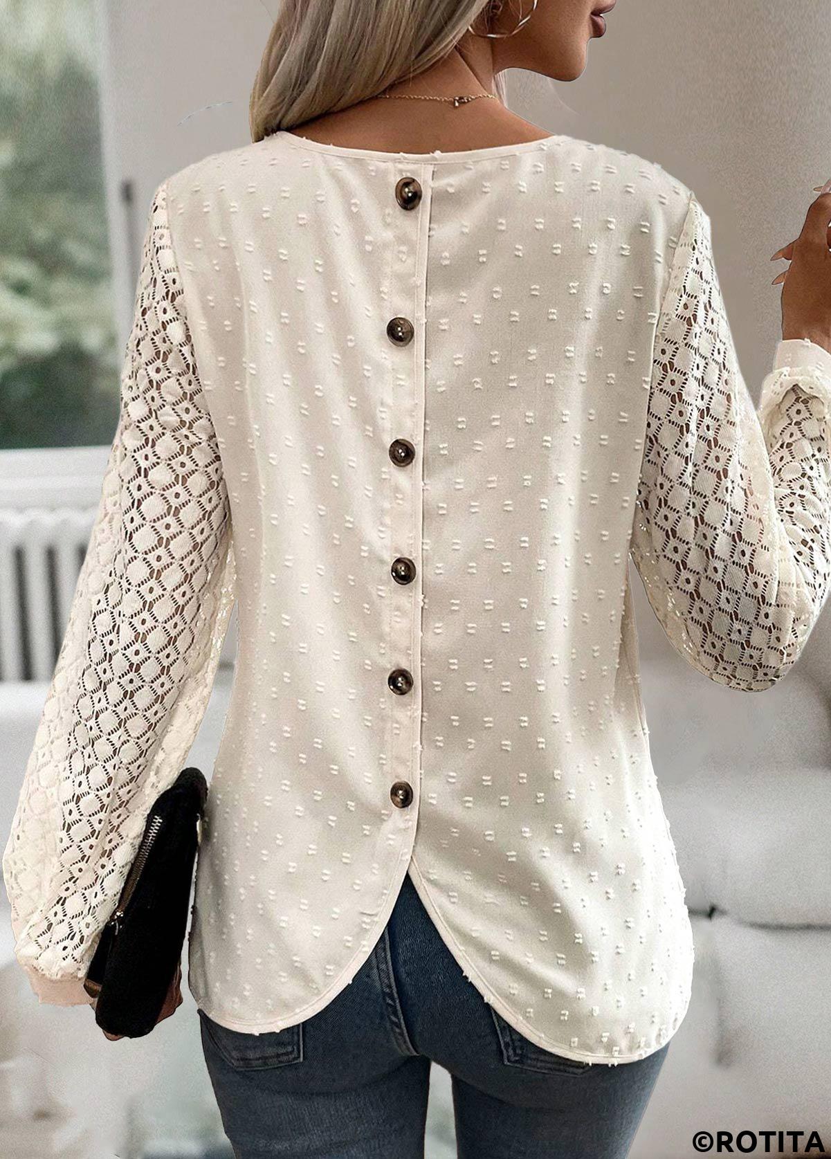 Beige tops,Plain Color tops,ROTITA Button Beige Round Neck Long Sleeve Blouse