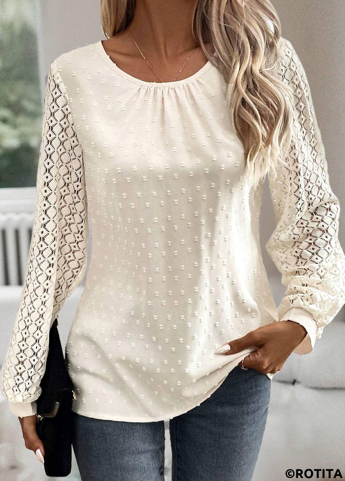 Beige tops,Plain Color tops,ROTITA Button Beige Round Neck Long Sleeve Blouse
