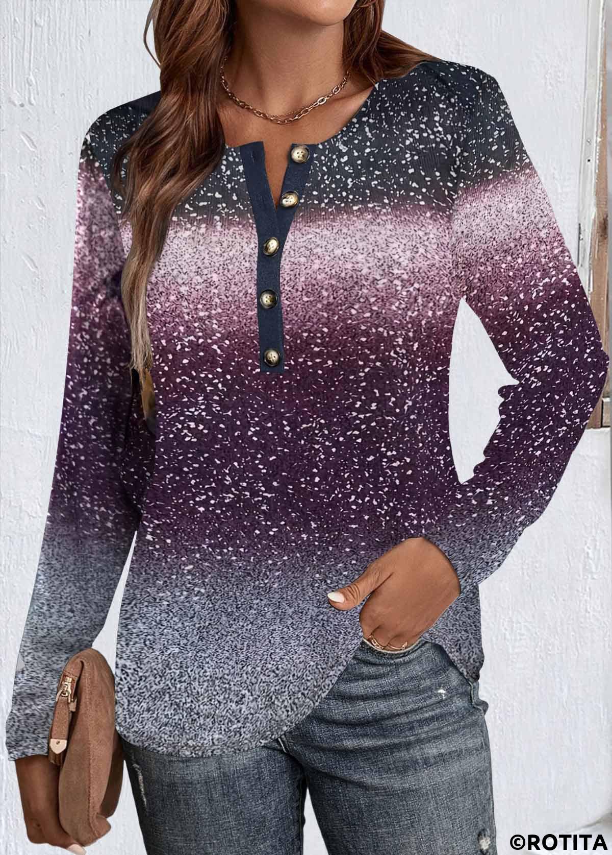 Purple tops,Ombre tops,ROTITA Button Ombre Purple Round Neck Long Sleeve T Shirt