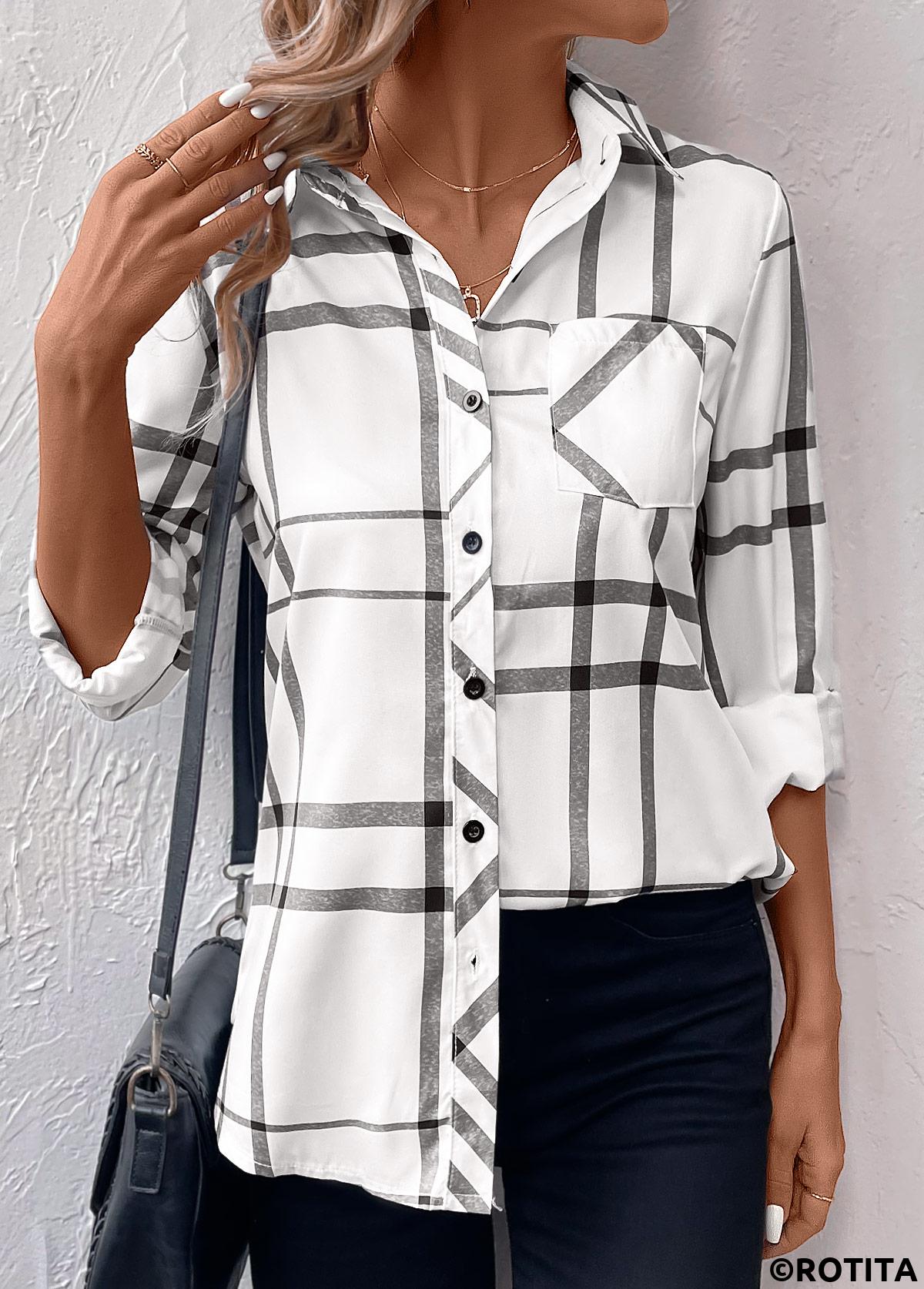 White tops,Dark Grey tops,Geometric tops,Striped tops,Plaid tops,ROTITA Pocket Geometric Print White Shirt Collar Long Sleeve Blouse