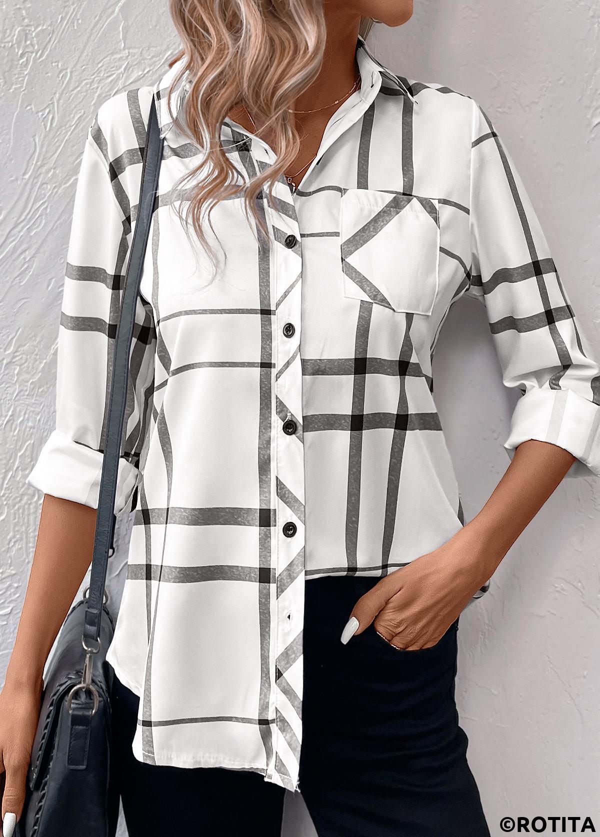 White tops,Dark Grey tops,Geometric tops,Striped tops,Plaid tops,ROTITA Pocket Geometric Print White Shirt Collar Long Sleeve Blouse