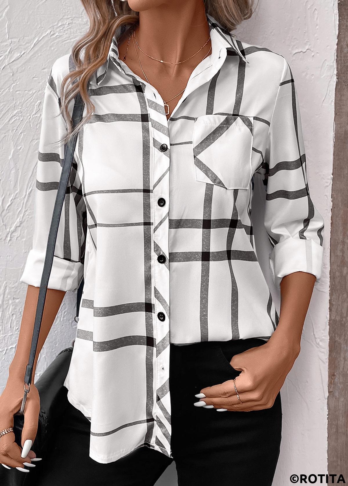 White tops,Dark Grey tops,Geometric tops,Striped tops,Plaid tops,ROTITA Pocket Geometric Print White Shirt Collar Long Sleeve Blouse