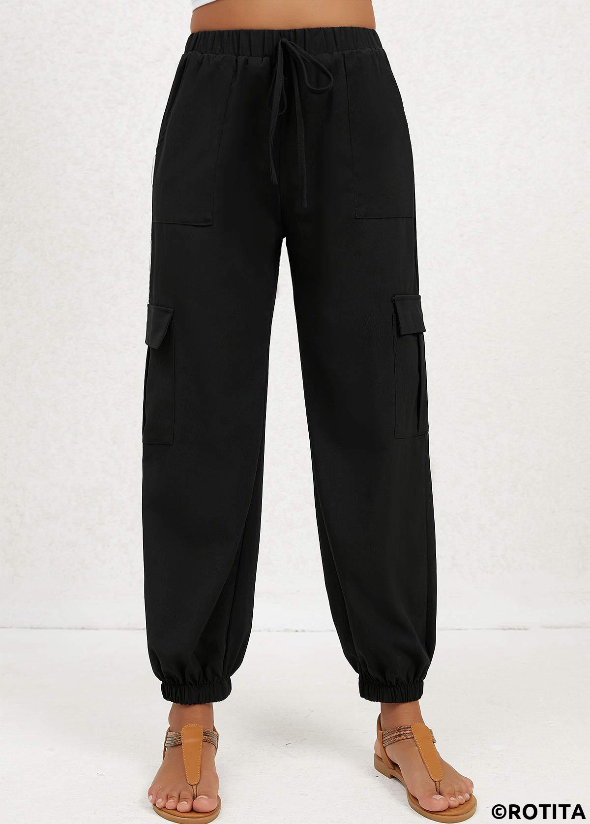 Black bottoms,Plain Color bottoms,Double Side Pockets Black Jogger Elastic Waist Pants