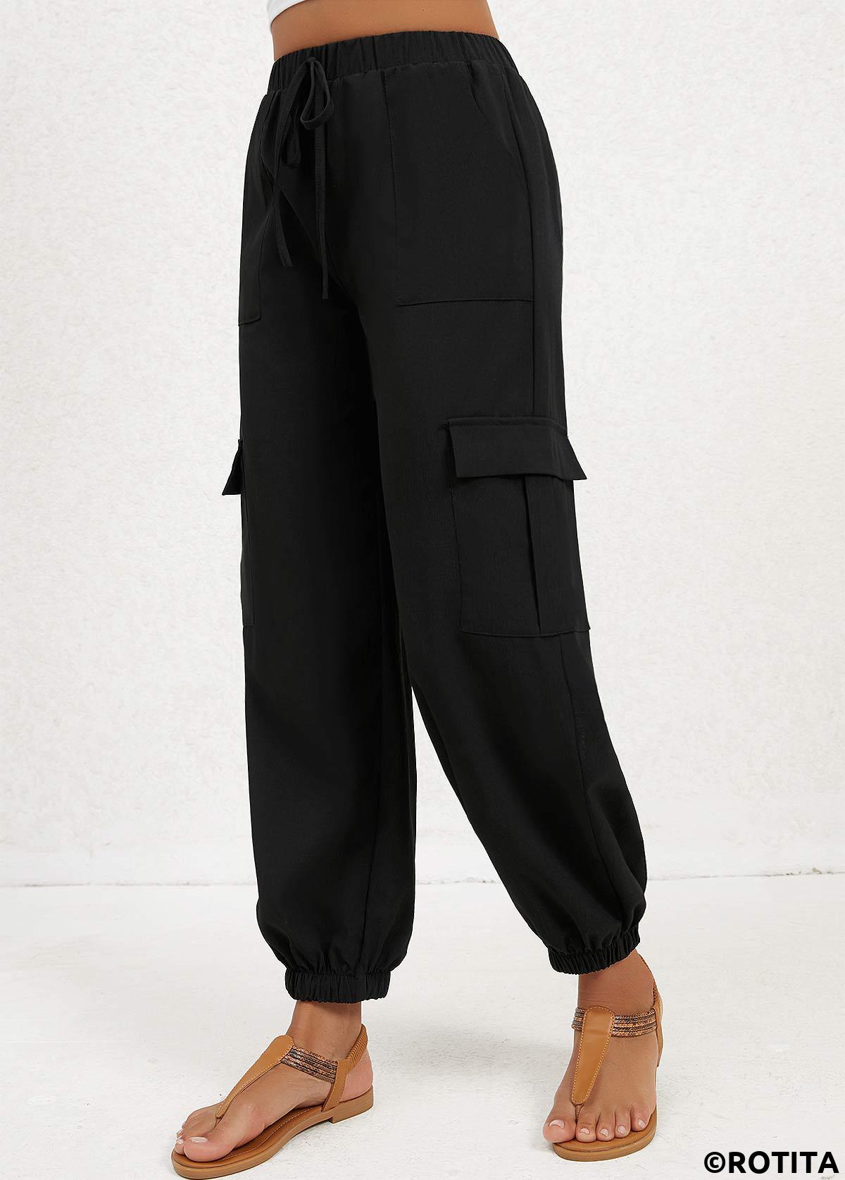 Black bottoms,Plain Color bottoms,Double Side Pockets Black Jogger Elastic Waist Pants