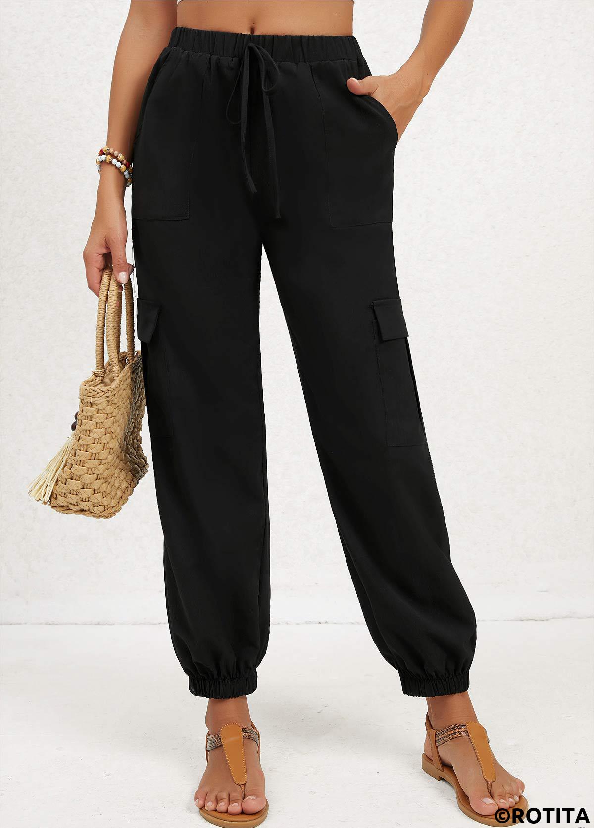 Black bottoms,Plain Color bottoms,Double Side Pockets Black Jogger Elastic Waist Pants