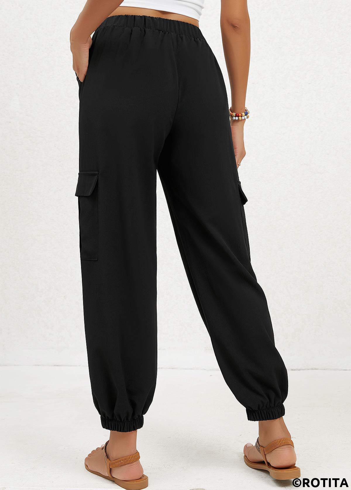 Black bottoms,Plain Color bottoms,Double Side Pockets Black Jogger Elastic Waist Pants