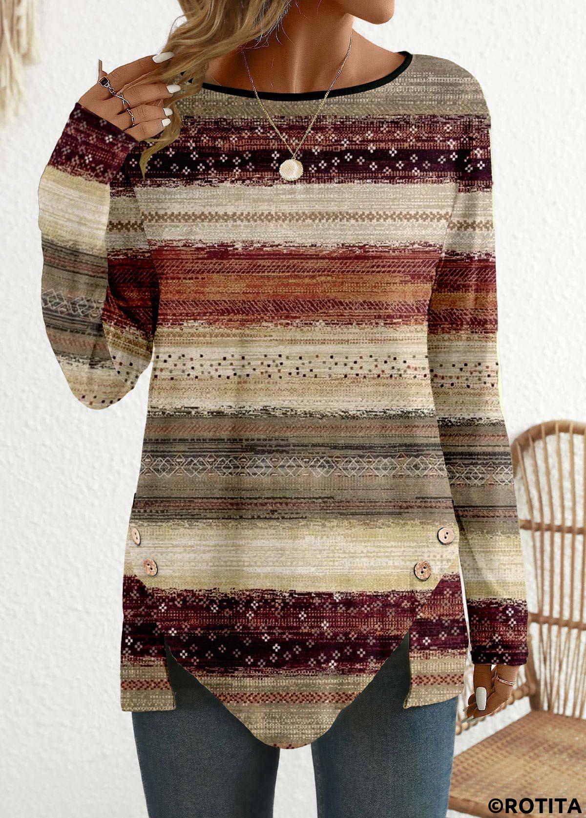 Multi Color tops,Tribal tops,Striped tops,Geometric tops,Ditsy Floral tops,ROTITA Button Tribal Print Multi Color Round Neck T Shirt