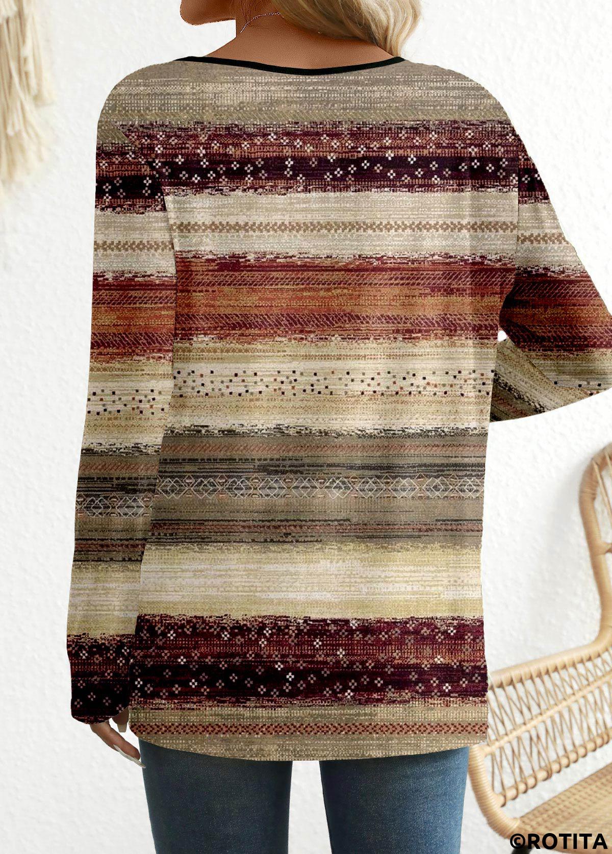 Multi Color tops,Tribal tops,Striped tops,Geometric tops,Ditsy Floral tops,ROTITA Button Tribal Print Multi Color Round Neck T Shirt