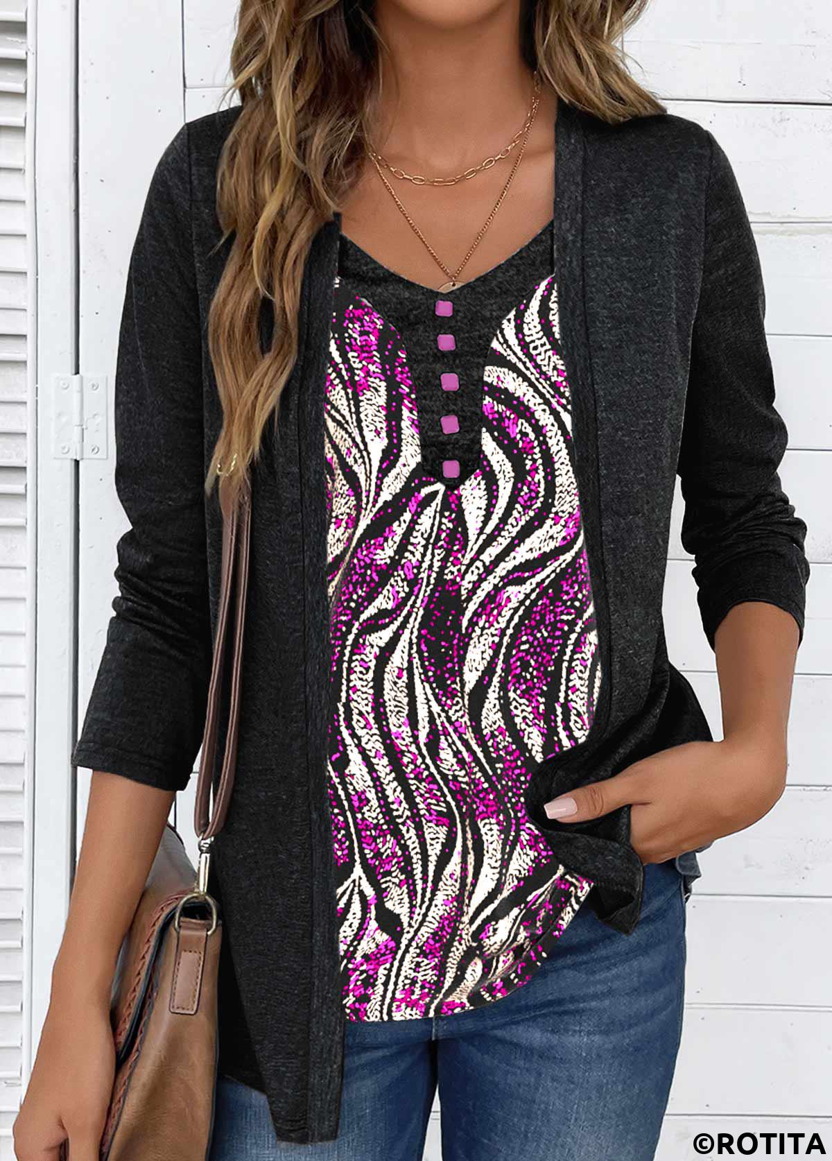 Dark Grey Marl tops,Hot Pink tops,Striped tops,Geometric tops,ROTITA Wave Pattern Print Scoop Neck Fake Two Piece Twinset