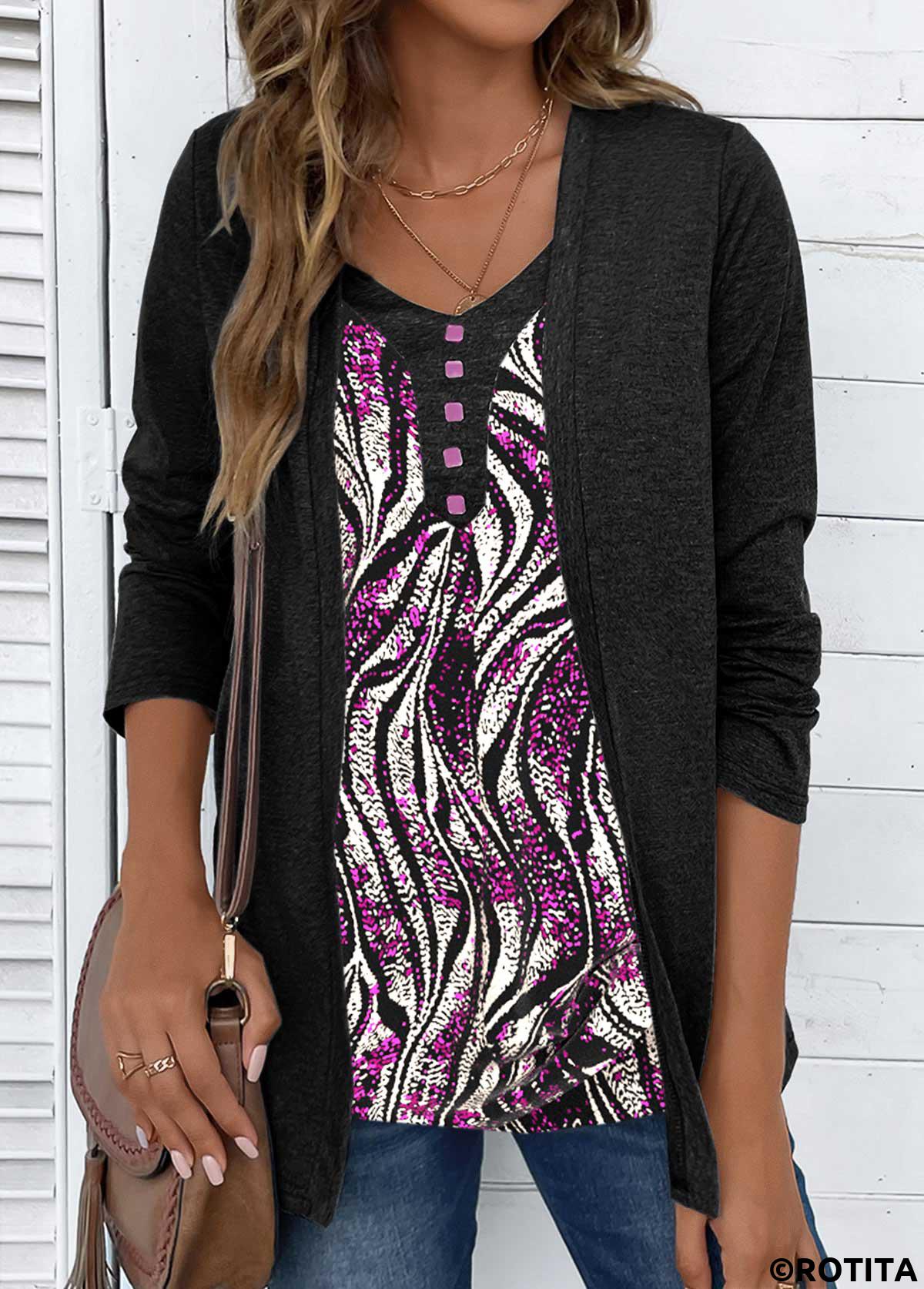Dark Grey Marl tops,Hot Pink tops,Striped tops,Geometric tops,ROTITA Wave Pattern Print Scoop Neck Fake Two Piece Twinset