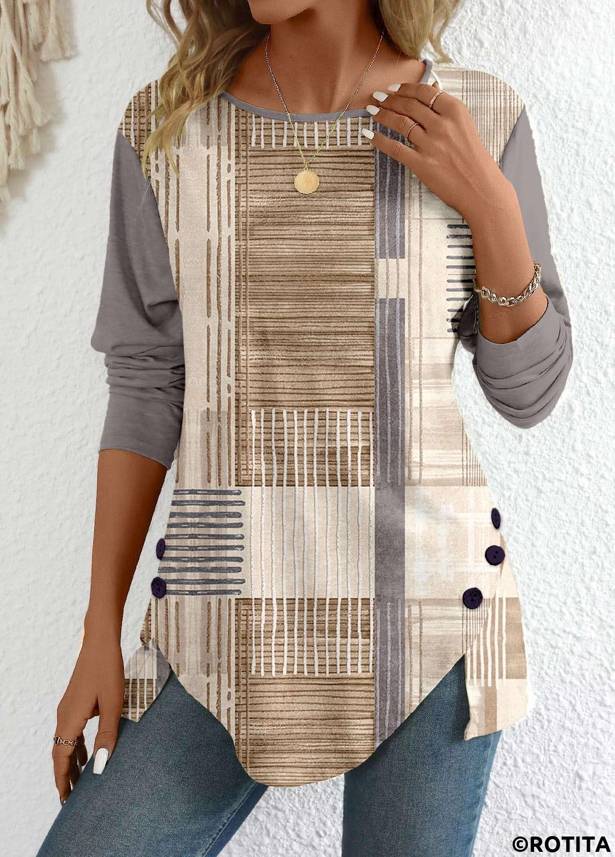 Light Camel tops,Graphic tops,Geometric tops,Striped tops,ROTITA Patchwork Graffiti Print Light Camel Round Neck T Shirt