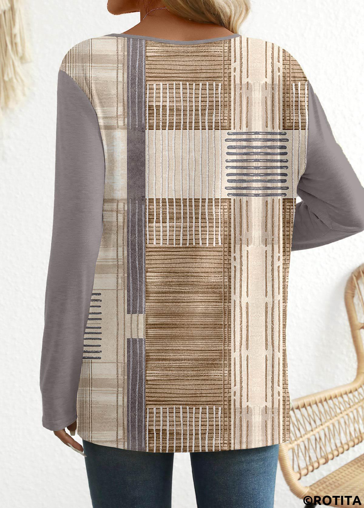 Light Camel tops,Graphic tops,Geometric tops,Striped tops,ROTITA Patchwork Graffiti Print Light Camel Round Neck T Shirt