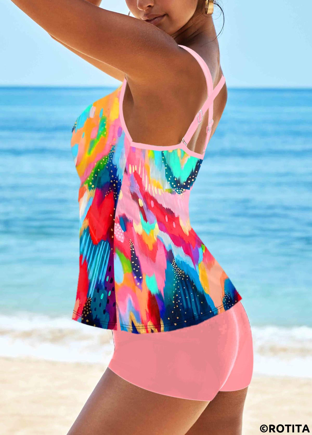 Multi Color swimwear,Rainbow Color swimwear,Geometric swimwear,Striped swimwear,ROTITA Criss Cross Multi Color Geometric Print Tankini Set