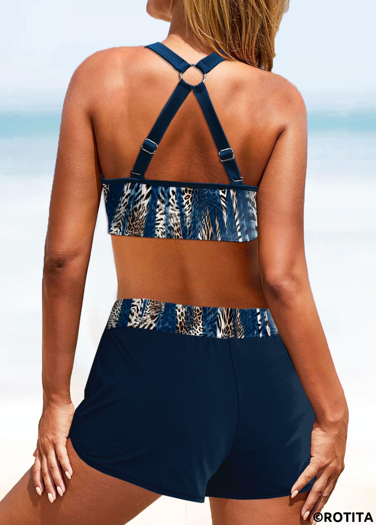 Peacock Blue swimwear,Leopard swimwear,Striped swimwear,Geometric swimwear,ROTITA Patchwork Peacock Blue Leopard Mid Waisted Bikini Set