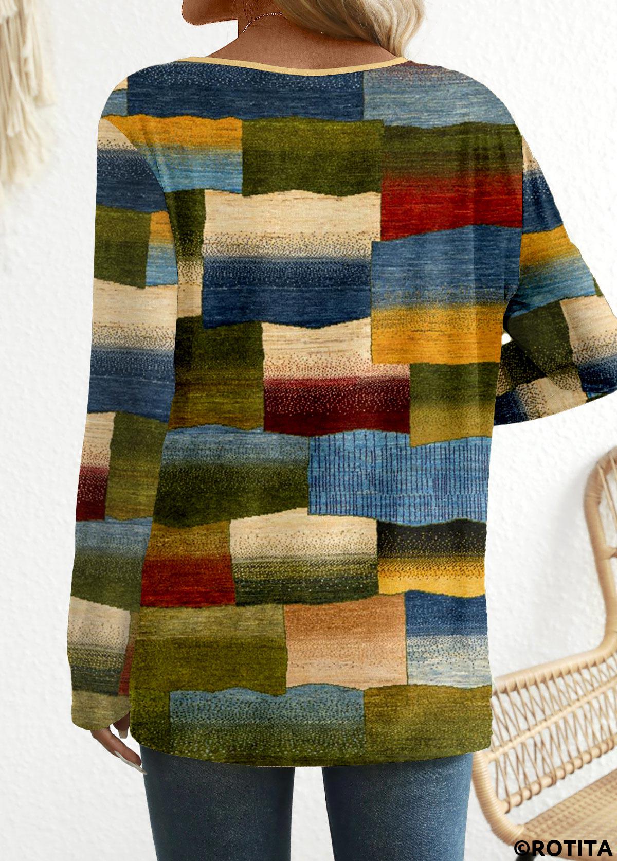t-shirt à col rond multicolore à imprimé géométrique et bouton rotita