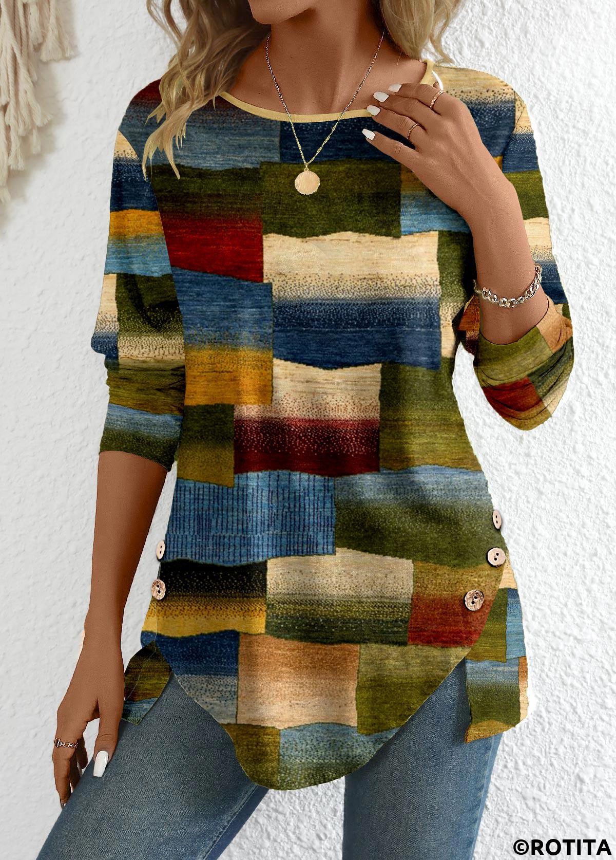 t-shirt à col rond multicolore à imprimé géométrique et bouton rotita