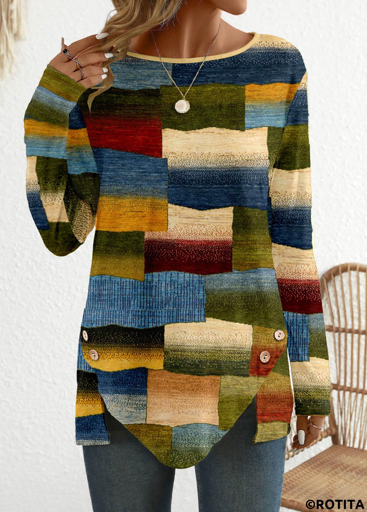 t-shirt à col rond multicolore à imprimé géométrique et bouton rotita