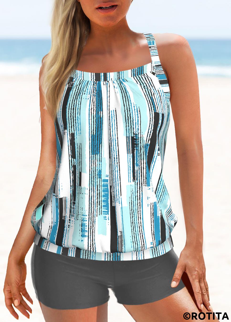 Grey swimwear,Blue swimwear,Geometric swimwear,Striped swimwear,ROTITA Patchwork Grey Geometric Print Mid Waisted Tankini Set